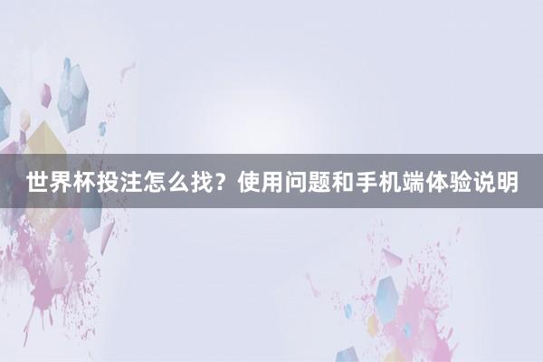 世界杯投注怎么找？使用问题和手机端体验说明